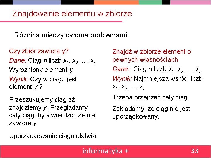 Znajdowanie elementu w zbiorze Różnica między dwoma problemami: Czy zbiór zawiera y? Dane: Ciąg