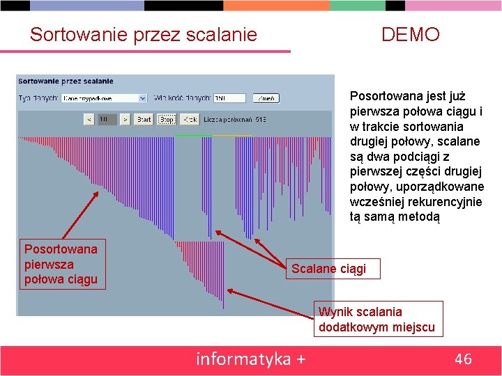 Sortowanie przez scalanie DEMO Posortowana jest już pierwsza połowa ciągu i w trakcie sortowania