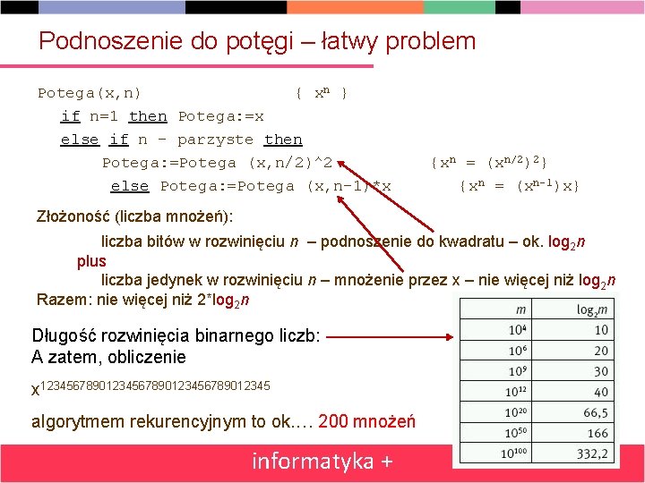 Podnoszenie do potęgi – łatwy problem Potega(x, n) { xn } if n=1 then