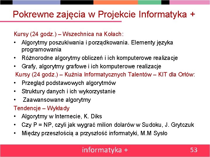 Pokrewne zajęcia w Projekcie Informatyka + Kursy (24 godz. ) – Wszechnica na Kołach: