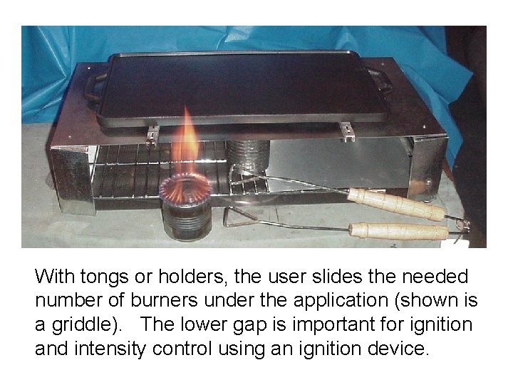 With tongs or holders, the user slides the needed number of burners under the