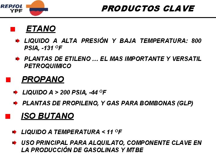 PRODUCTOS CLAVE ETANO LIQUIDO A ALTA PRESIÓN Y BAJA TEMPERATURA: 800 PSIA, -131 OF