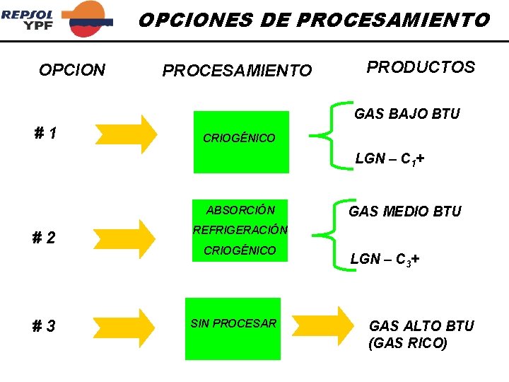 OPCIONES DE PROCESAMIENTO OPCION PROCESAMIENTO PRODUCTOS GAS BAJO BTU #1 CRIOGÉNICO LGN – C