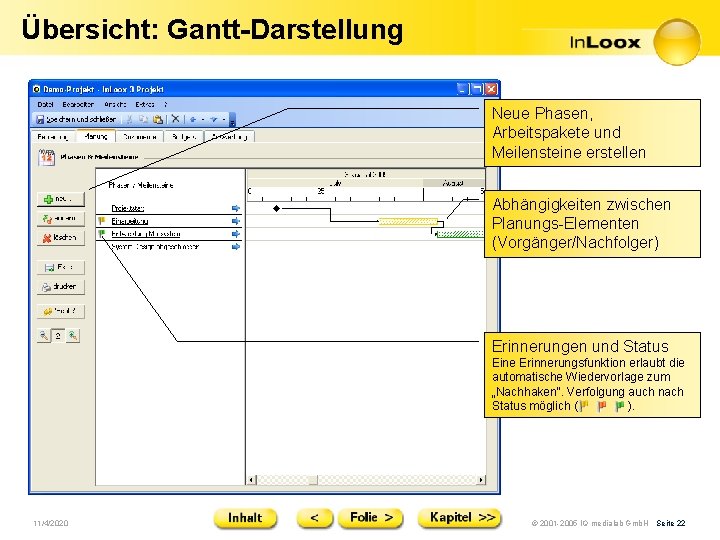 Übersicht: Gantt-Darstellung Neue Phasen, Arbeitspakete und Meilensteine erstellen Abhängigkeiten zwischen Planungs-Elementen (Vorgänger/Nachfolger) Erinnerungen und