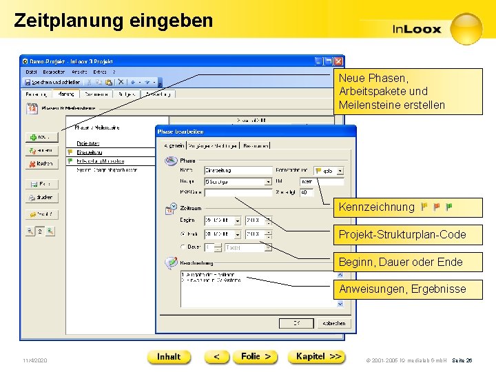 Zeitplanung eingeben Neue Phasen, Arbeitspakete und Meilensteine erstellen Kennzeichnung Projekt-Strukturplan-Code Beginn, Dauer oder Ende