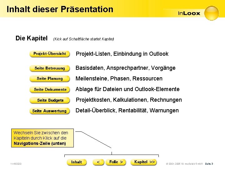 Inhalt dieser Präsentation Die Kapitel (Kick auf Schaltfläche startet Kapitel) Projekt-Listen, Einbindung in Outlook