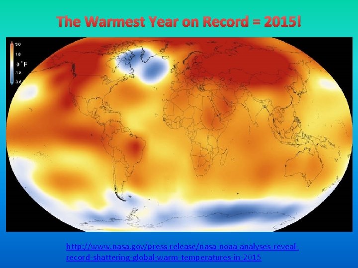 The Warmest Year on Record = 2015! http: //www. nasa. gov/press-release/nasa-noaa-analyses-revealrecord-shattering-global-warm-temperatures-in-2015 