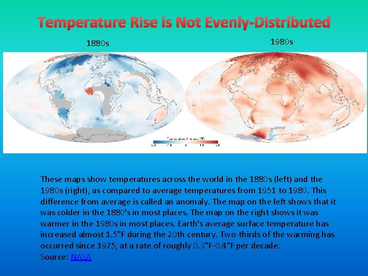Temperature Rise is Not Evenly-Distributed 1880 s 1980 s These maps show temperatures across