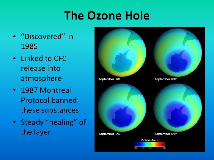 The Ozone Hole • “Discovered” in 1985 • Linked to CFC release into atmosphere