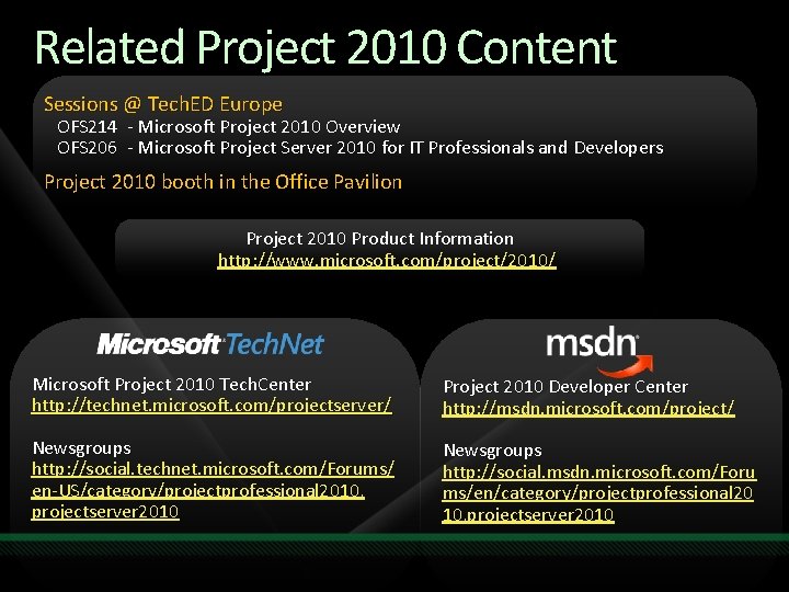Related Project 2010 Content Sessions @ Tech. ED Europe OFS 214 - Microsoft Project