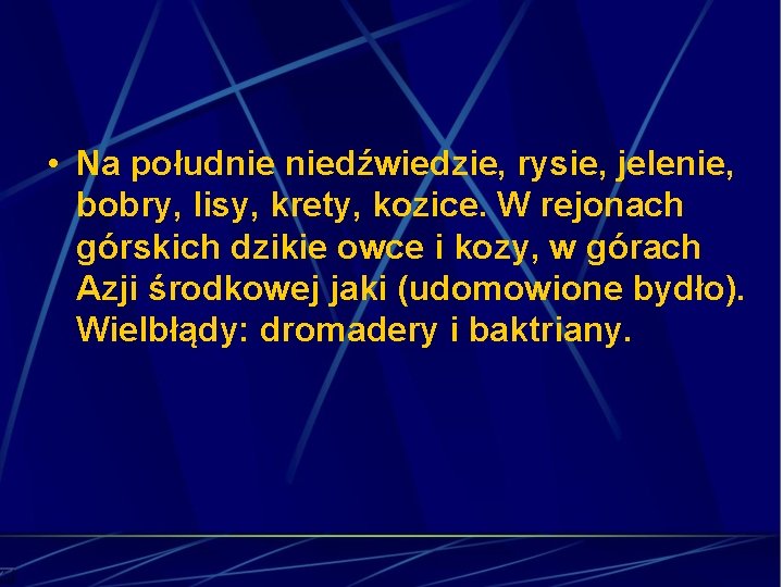  • Na południe niedźwiedzie, rysie, jelenie, bobry, lisy, krety, kozice. W rejonach górskich