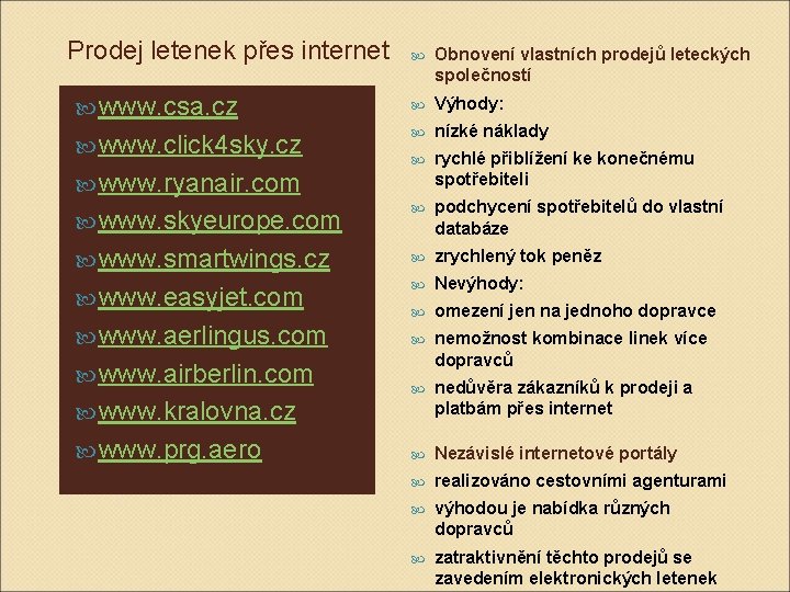 Prodej letenek přes internet Obnovení vlastních prodejů leteckých společností www. csa. cz Výhody: www.