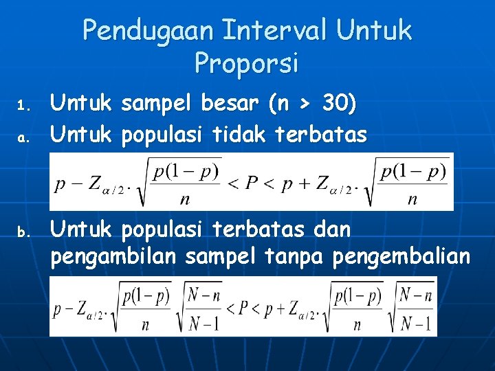 Pendugaan Interval Untuk Proporsi 1. a. b. Untuk sampel besar (n > 30) Untuk Pendugaan Interval Untuk Proporsi 1. a. b. Untuk sampel besar (n > 30) Untuk