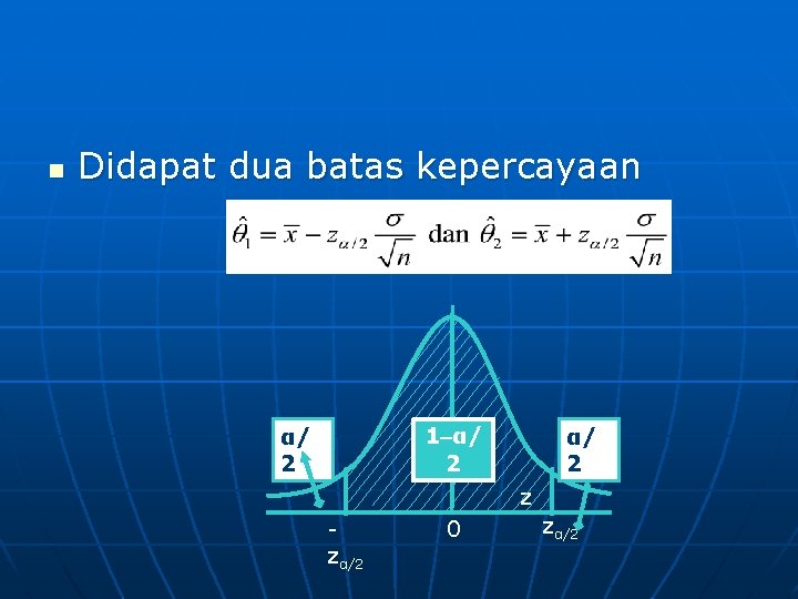 n Didapat dua batas kepercayaan 1‒α/ 2 z zα/2 0 zα/2 n Didapat dua batas kepercayaan 1‒α/ 2 z zα/2 0 zα/2