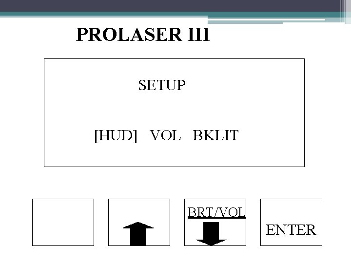 PROLASER III SETUP [HUD] VOL BKLIT BRT/VOL ENTER 