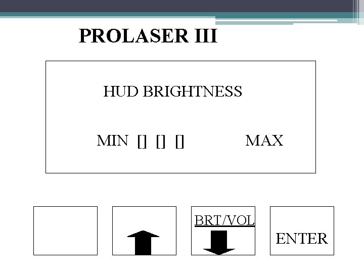 PROLASER III HUD BRIGHTNESS MIN [] [] [] MAX BRT/VOL ENTER 