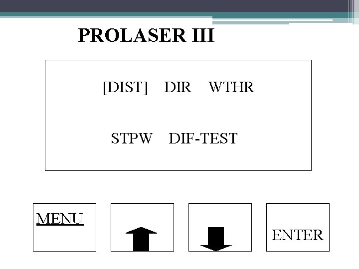 PROLASER III [DIST] STPW MENU DIR WTHR DIF-TEST ENTER 