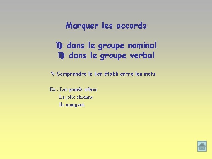 Marquer les accords dans le groupe nominal dans le groupe verbal Comprendre le lien
