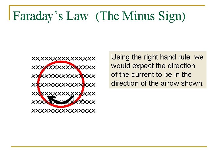 Faraday’s Law (The Minus Sign) xxxxxxxxxxxxxxx xxxxxxxxxxxxxxx Using the right hand rule, we would