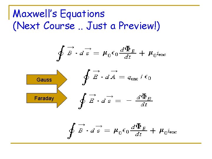 Maxwell’s Equations (Next Course. . Just a Preview!) Gauss Faraday 