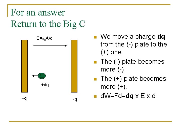 For an answer Return to the Big C n E=e 0 A/d n n