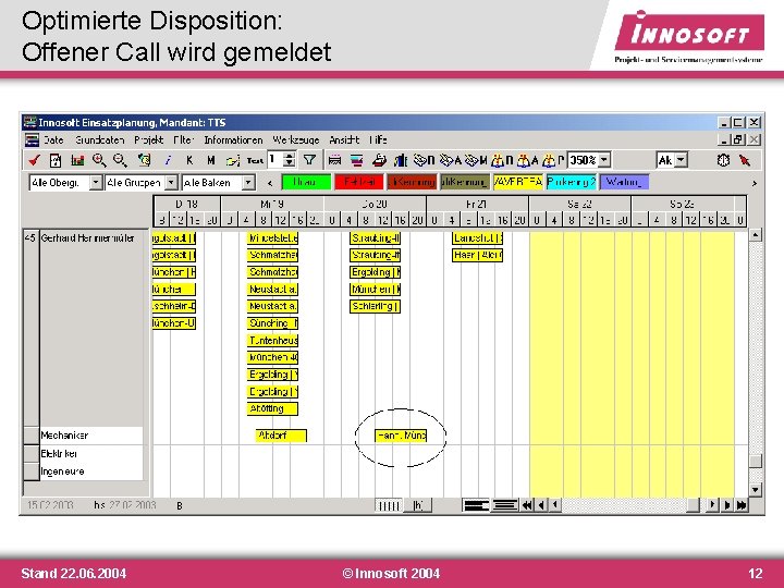 Optimierte Disposition: Offener Call wird gemeldet Stand 22. 06. 2004 © Innosoft 2004 12 Optimierte Disposition: Offener Call wird gemeldet Stand 22. 06. 2004 © Innosoft 2004 12