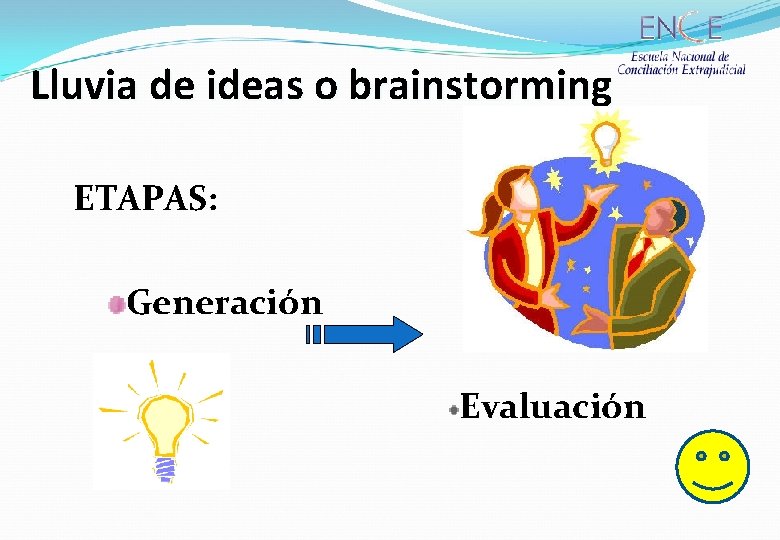 Lluvia de ideas o brainstorming ETAPAS: Generación Evaluación 