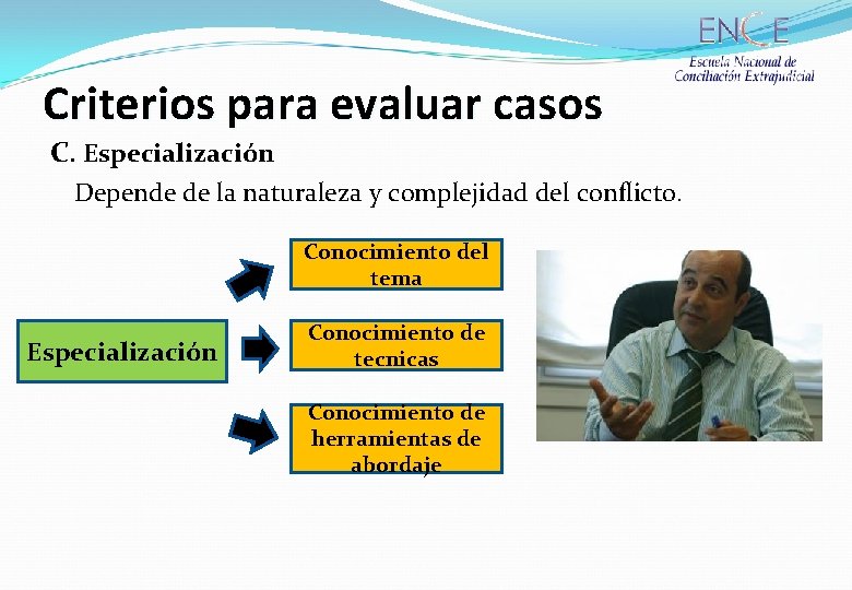 Criterios para evaluar casos C. Especialización Depende de la naturaleza y complejidad del conflicto.