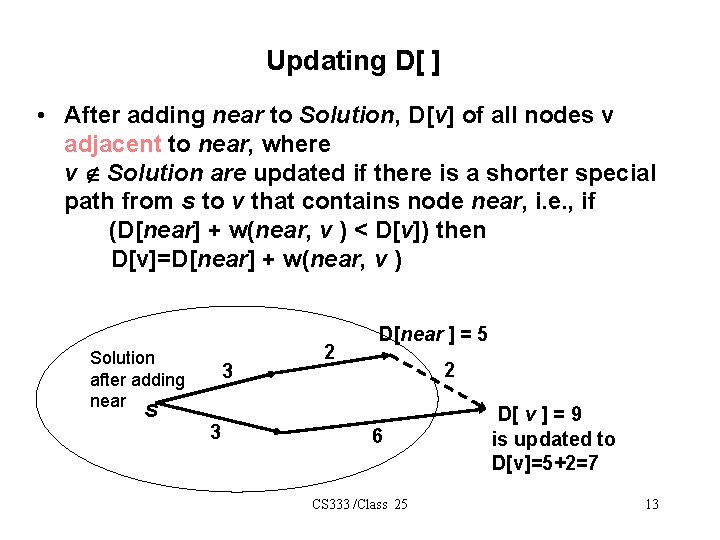 Updating D[ ] • After adding near to Solution, D[v] of all nodes v