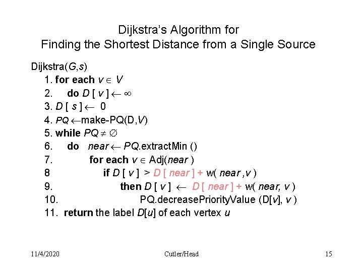 Dijkstra’s Algorithm for Finding the Shortest Distance from a Single Source Dijkstra(G, s) 1.