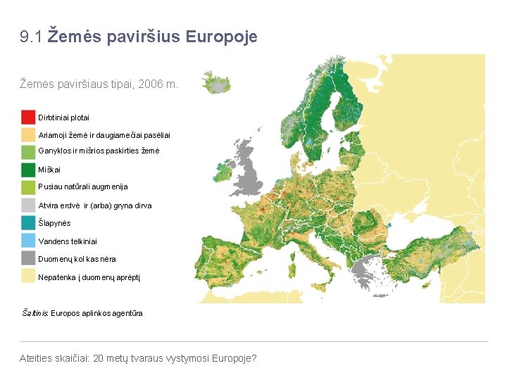 9. 1 Žemės paviršius Europoje Žemės paviršiaus tipai, 2006 m. Dirbtiniai plotai Ariamoji žemė