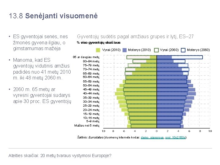 13. 8 Senėjanti visuomenė • ES gyventojai senės, nes žmonės gyvena ilgiau, o gimstamumas