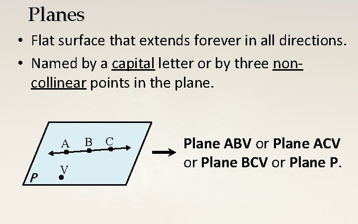 Planes • Flat surface that extends forever in all directions. • Named by a