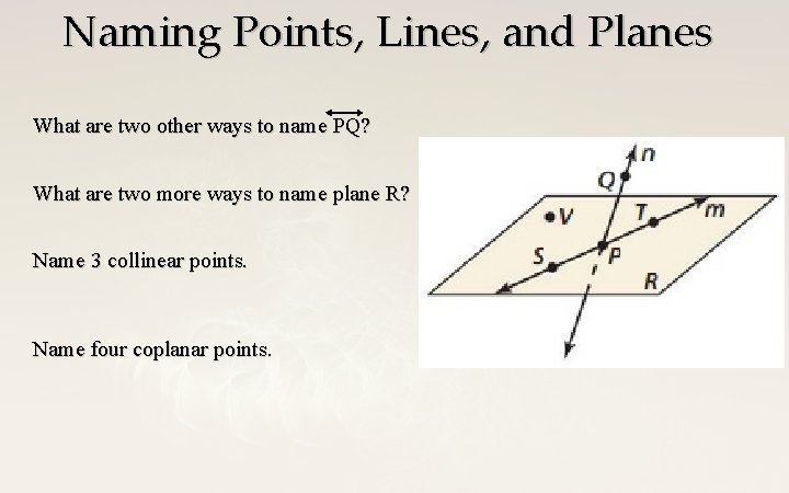 Naming Points, Lines, and Planes What are two other ways to name PQ? What