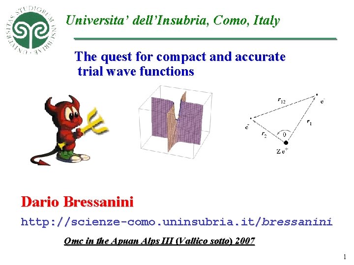 Universita’ dell’Insubria, Como, Italy The quest for compact and accurate trial wave functions Dario