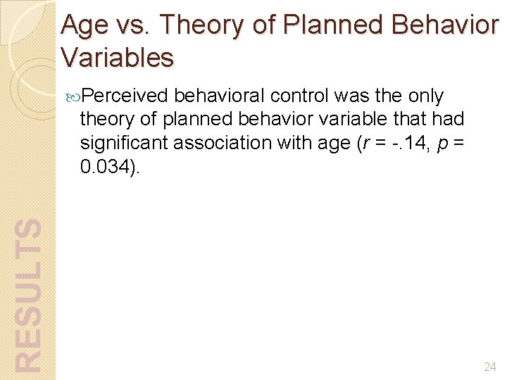 Age vs. Theory of Planned Behavior Variables behavioral control was the only theory of