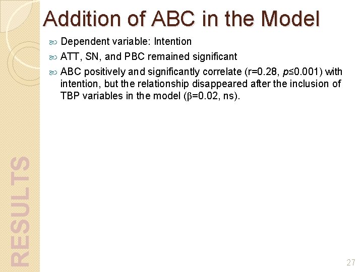 Addition of ABC in the Model Dependent variable: Intention ATT, SN, and PBC remained