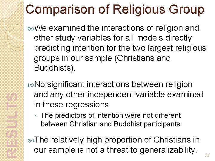 Comparison of Religious Group We examined the interactions of religion and other study variables