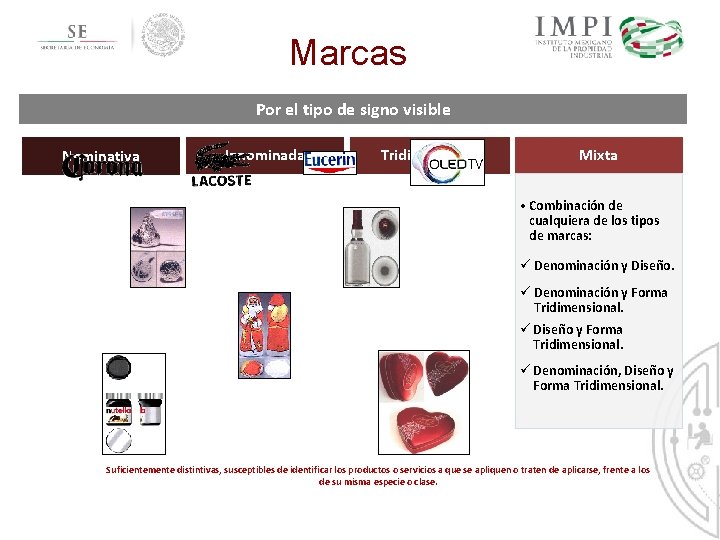 Marcas Por el tipo de signo visible Nominativa Innominada Tridimensional Mixta • Combinación de Marcas Por el tipo de signo visible Nominativa Innominada Tridimensional Mixta • Combinación de