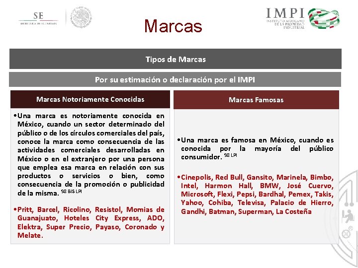 Marcas Tipos de Marcas Por su estimación o declaración por el IMPI Marcas Notoriamente Marcas Tipos de Marcas Por su estimación o declaración por el IMPI Marcas Notoriamente