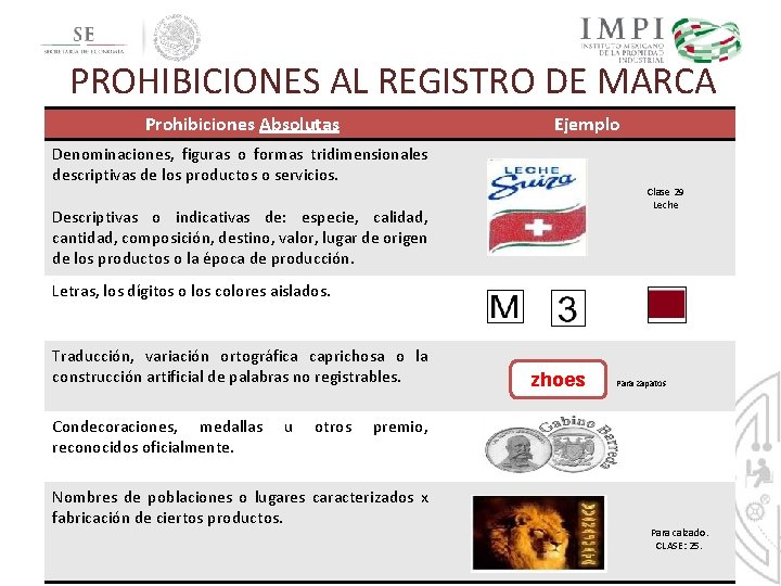 PROHIBICIONES AL REGISTRO DE MARCA Prohibiciones Absolutas Ejemplo Denominaciones, figuras o formas tridimensionales descriptivas PROHIBICIONES AL REGISTRO DE MARCA Prohibiciones Absolutas Ejemplo Denominaciones, figuras o formas tridimensionales descriptivas