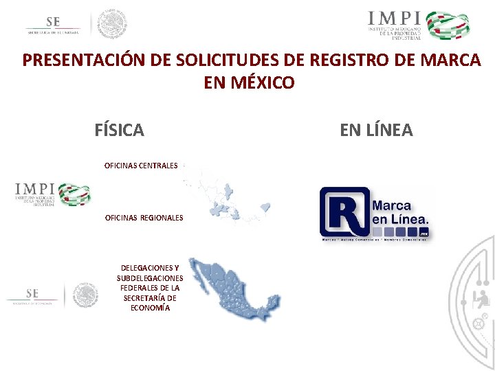 PRESENTACIÓN DE SOLICITUDES DE REGISTRO DE MARCA EN MÉXICO FÍSICA OFICINAS CENTRALES OFICINAS REGIONALES PRESENTACIÓN DE SOLICITUDES DE REGISTRO DE MARCA EN MÉXICO FÍSICA OFICINAS CENTRALES OFICINAS REGIONALES