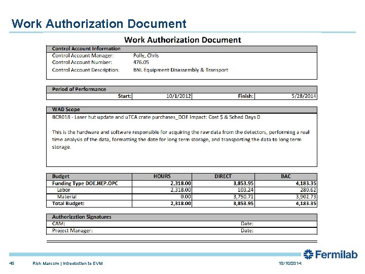 Work Authorization Document 45 Rich Marcum | Introduction to EVM 10/10/2014 