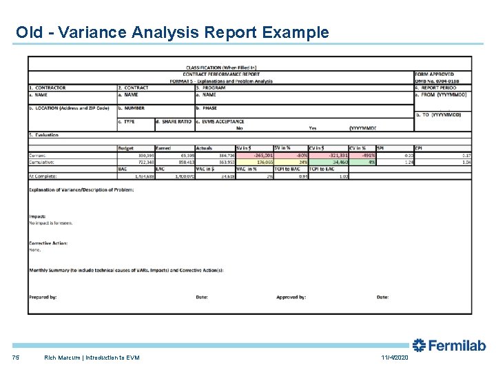 Old - Variance Analysis Report Example 75 Rich Marcum | Introduction to EVM 11/4/2020