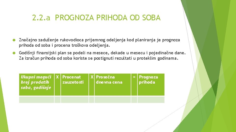 2. 2. a PROGNOZA PRIHODA OD SOBA Značajno zaduženje rukovodioca prijemnog odeljenja kod planiranja