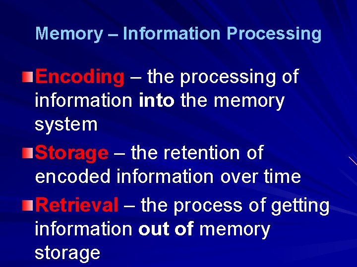 Memory – Information Processing Encoding – the processing of information into the memory system Memory – Information Processing Encoding – the processing of information into the memory system