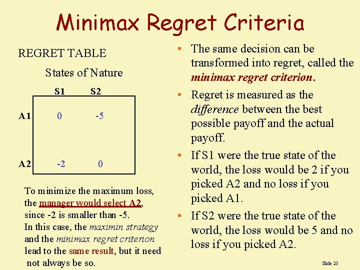 Minimax Regret Criteria REGRET TABLE States of Nature S 1 S 2 A 1 Minimax Regret Criteria REGRET TABLE States of Nature S 1 S 2 A 1