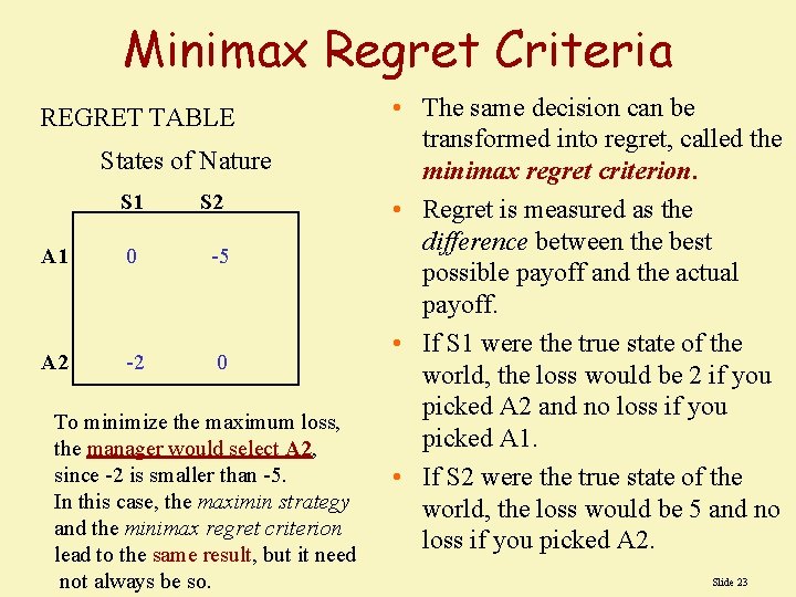 Minimax Regret Criteria REGRET TABLE States of Nature S 1 S 2 A 1