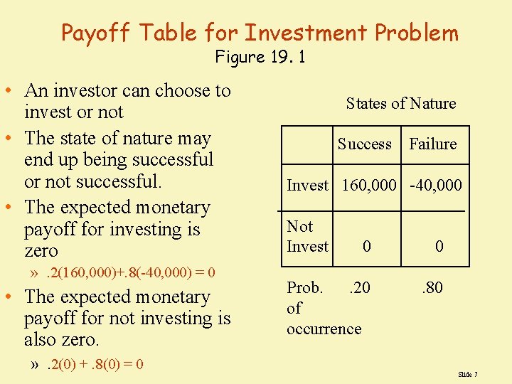 Payoff Table for Investment Problem Figure 19. 1 • An investor can choose to Payoff Table for Investment Problem Figure 19. 1 • An investor can choose to