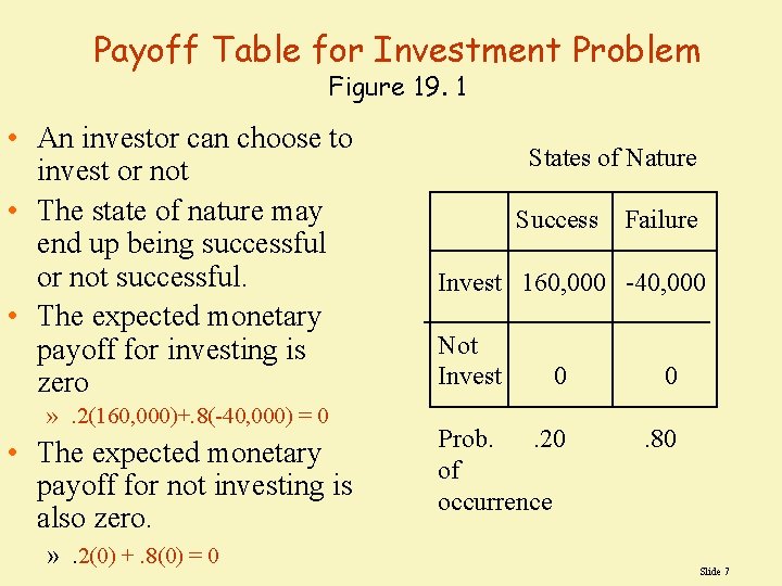 Payoff Table for Investment Problem Figure 19. 1 • An investor can choose to